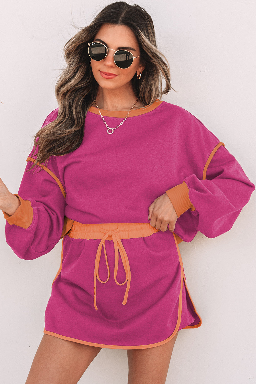 Rose Red Color Contrast Loose Pullover and Lace-up Waist Skort Set ...